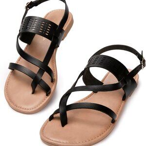 Women's Faux Leather Gladiator Sandals Summer Casual Flat Thong Slip-On